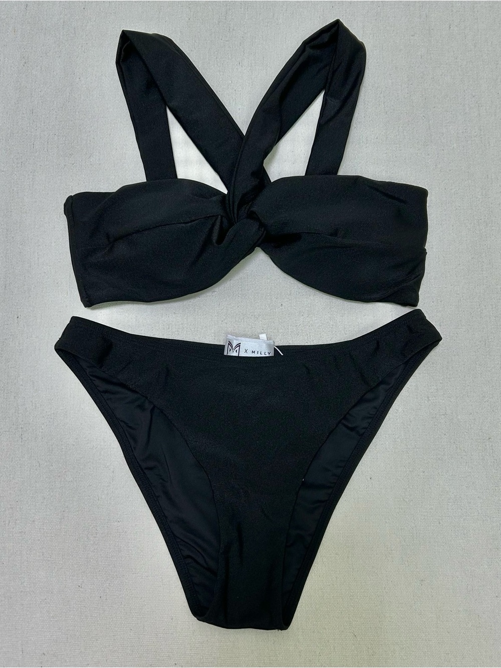 Milly Olivia Solid Draped Bandeau Twist Front Black Bikini Set Size S